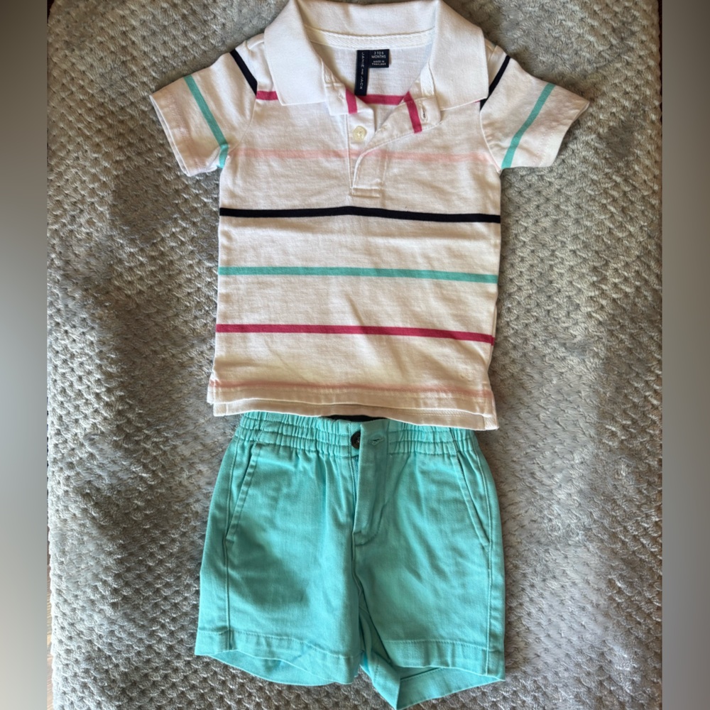 Janie & Jack Striped Polo Shirt and Teal Shorts Set